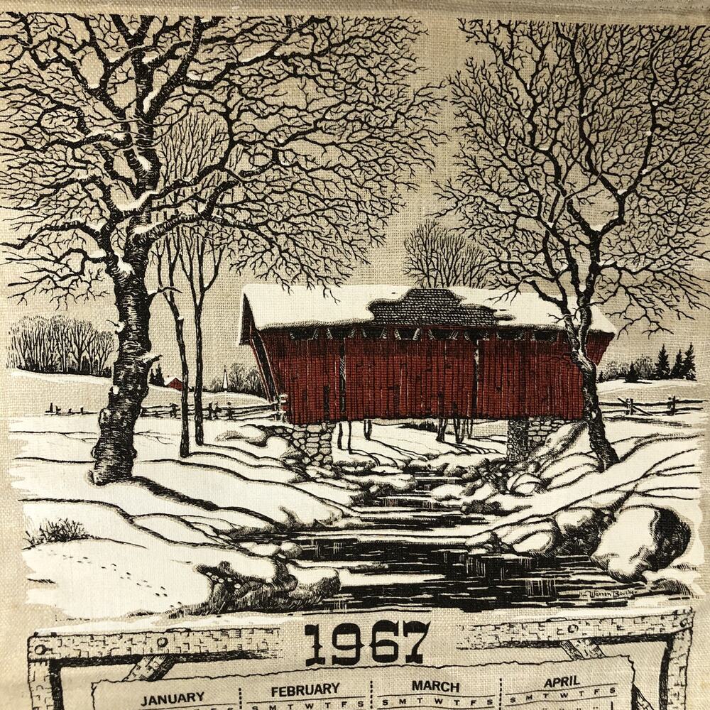 Linen Wall Calendar 1967 Warren Boucher Covered Bridge Red Snowy Winter Scene - Picture 3 of 14